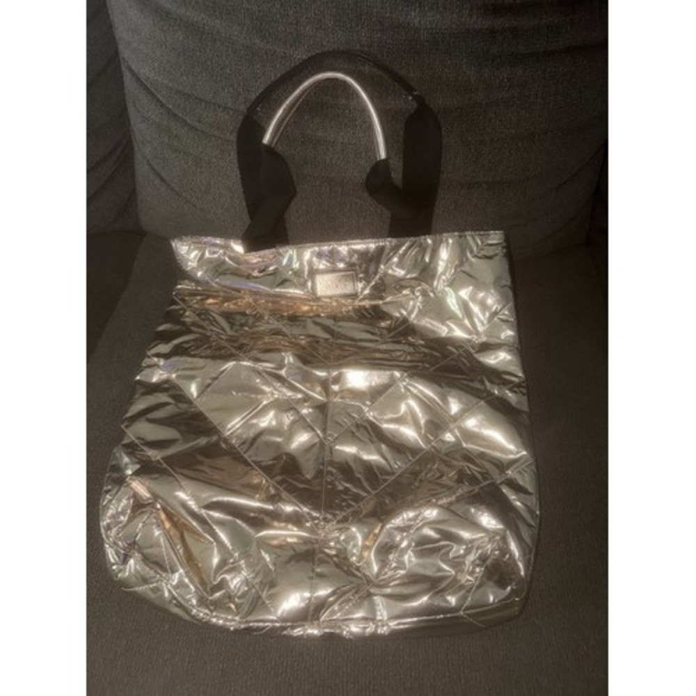 Victoria's Secret Silver Metallic Tote Bag Black Handles Pouch